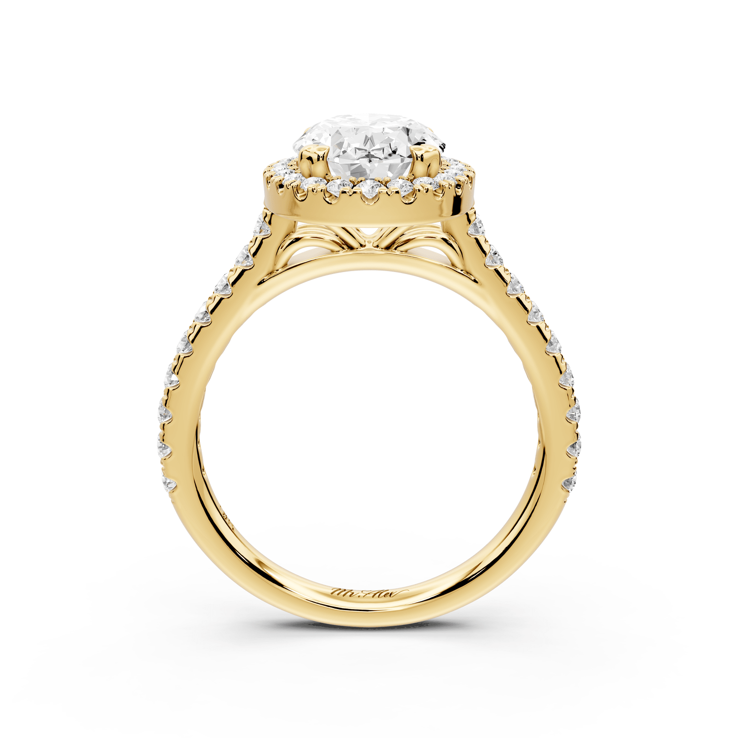 Marcella - 2ct 18k yellow gold oval halo double talon prong cathedral pavé engagament ring - Mr. Alex Jewelry