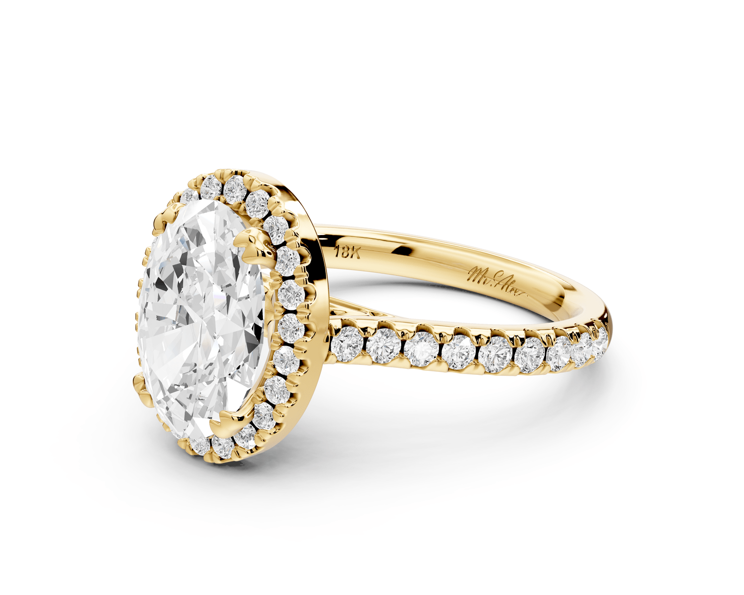 Marcella - 2ct 18k yellow gold oval halo double talon prong cathedral pavé engagament ring - Mr. Alex Jewelry