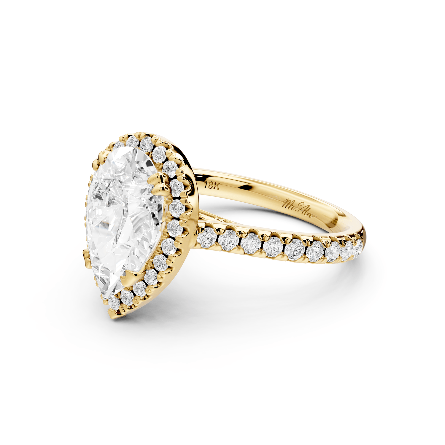Marcella - 2ct 18k yellow gold pear halo double talon prong cathedral pavé engagament ring - Mr. Alex Jewelry