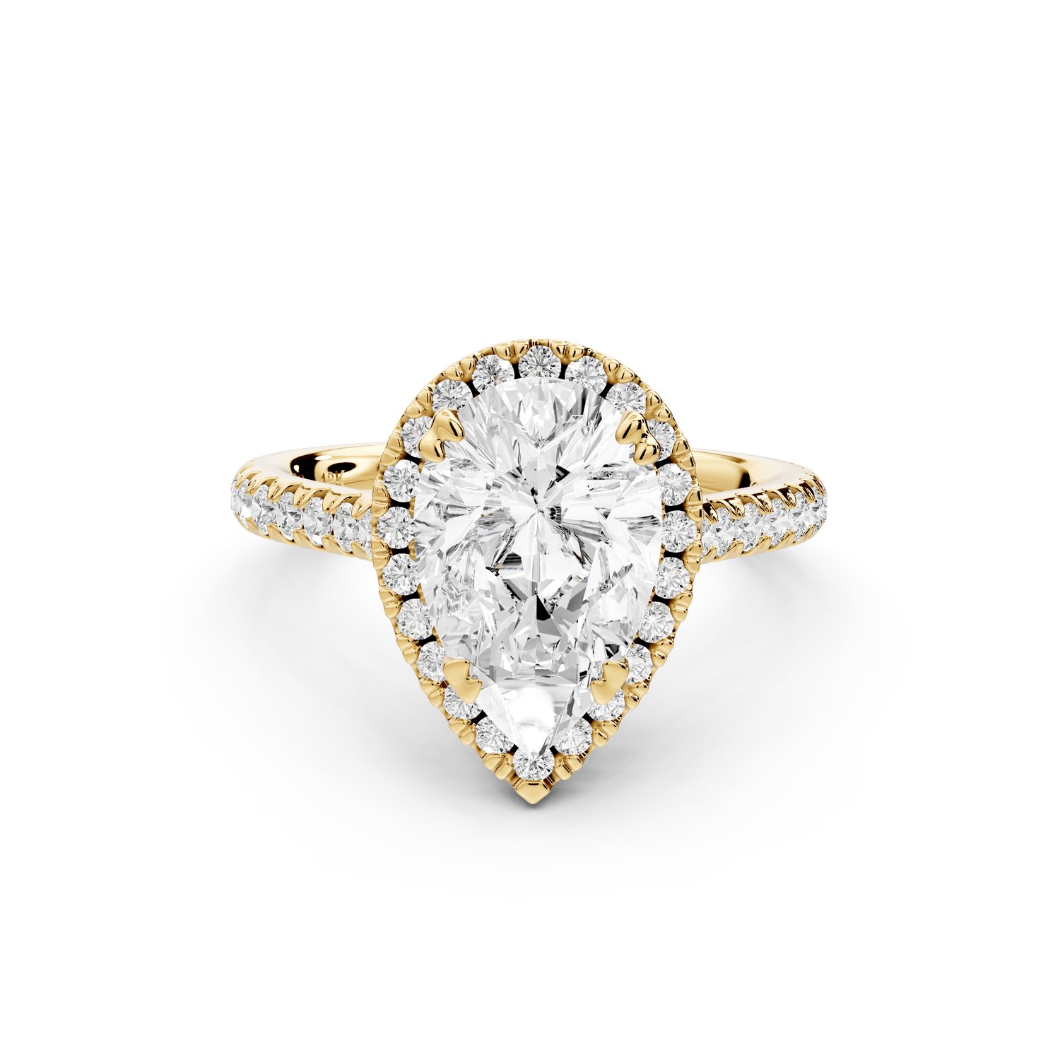 Marcella - 2ct 18k yellow gold pear halo double talon prong cathedral pavé engagament ring - Mr. Alex Jewelry