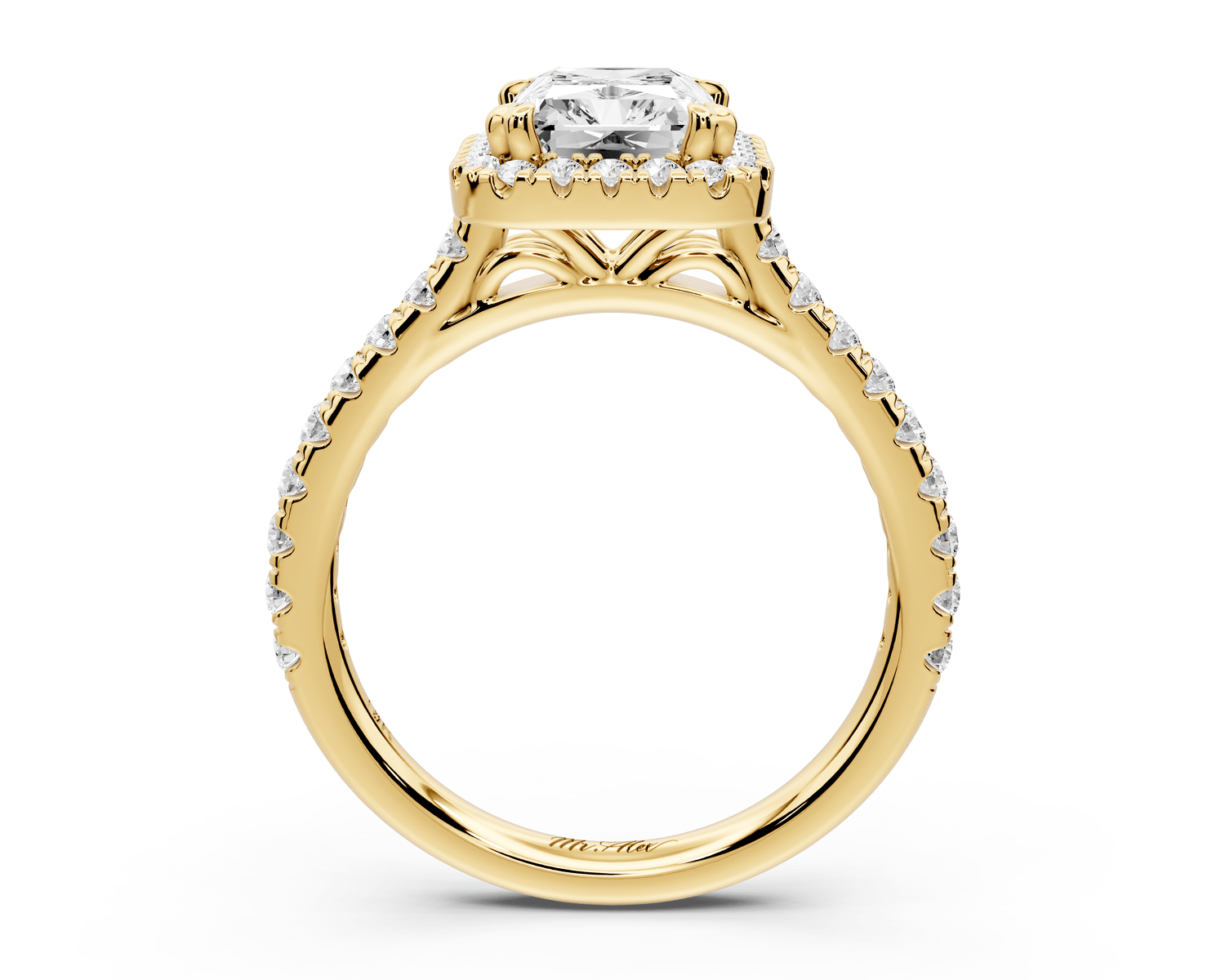 Marcella - 2ct 18k yellow gold radiant halo double talon prong cathedral pavé engagement ring - Mr. Alex Jewelry
