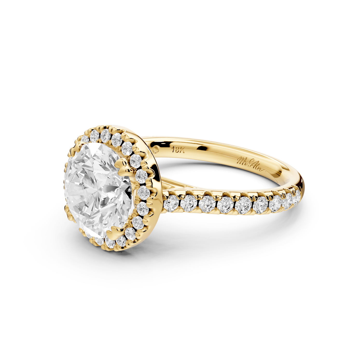 Marcella - 2ct 18k yellow gold round halo double talon prong cathedral pavé engagement ring - Mr. Alex Jewelry