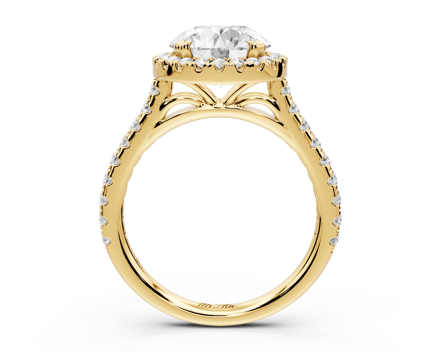 Marcella - 2ct 18k yellow gold round halo double talon prong cathedral pavé engagement ring - Mr. Alex Jewelry