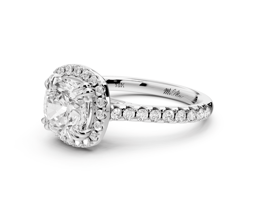 Marcella - 2ct platinum cushion halo double talon prong cathedral pavé engagement ring - Mr. Alex Jewelry