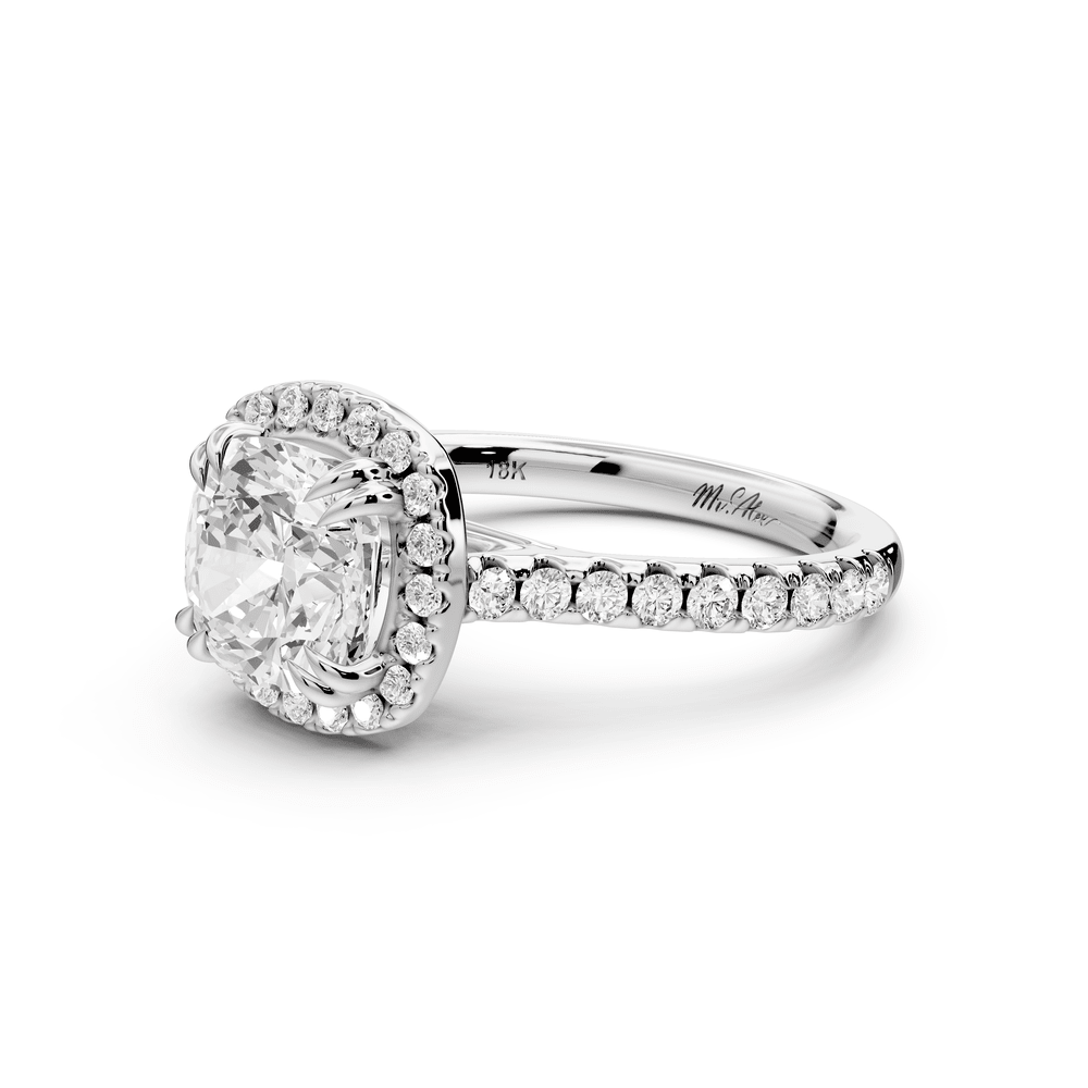 Marcella - 2ct platinum cushion halo double talon prong cathedral pavé engagement ring - Mr. Alex Jewelry