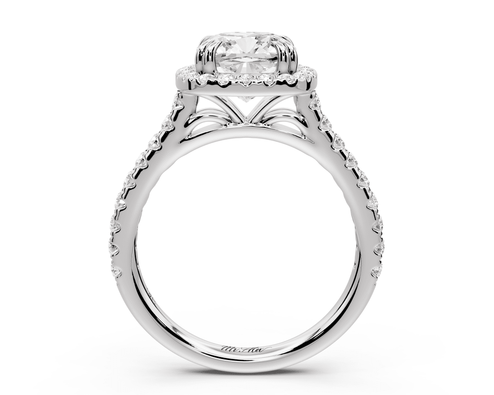 Marcella - 2ct platinum cushion halo double talon prong cathedral pavé engagement ring - Mr. Alex Jewelry