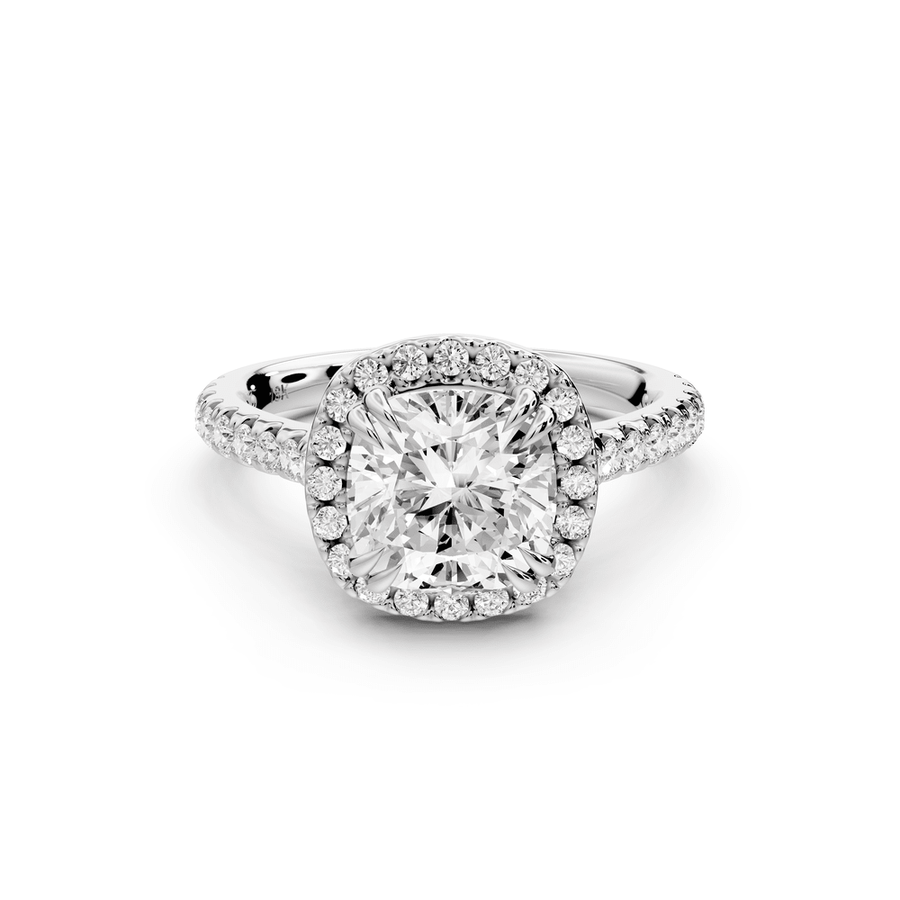Marcella - 2ct platinum cushion halo double talon prong cathedral pavé engagement ring - Mr. Alex Jewelry
