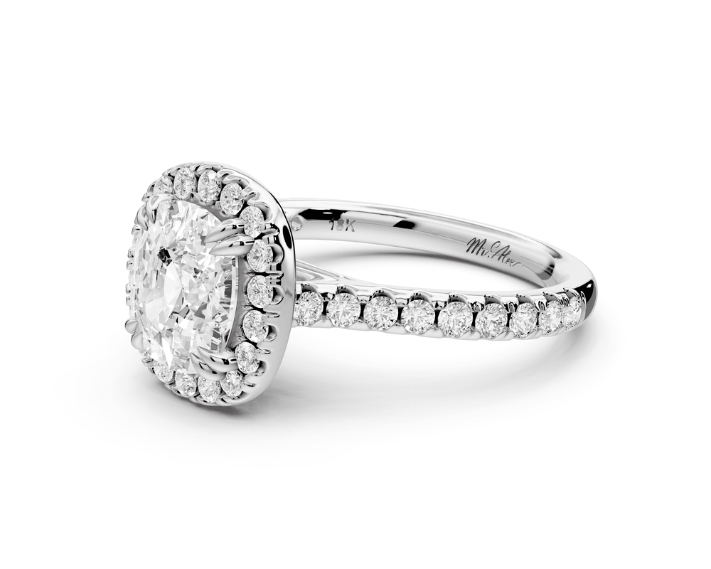 Marcella - 2ct platinum ecushion halo double talon prong cathedral pavé engagement ring - Mr. Alex Jewelry