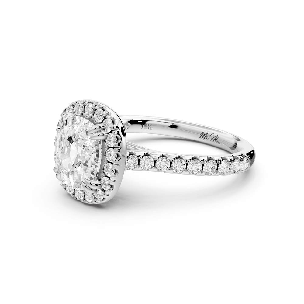 Marcella - 2ct platinum ecushion halo double talon prong cathedral pavé engagement ring - Mr. Alex Jewelry