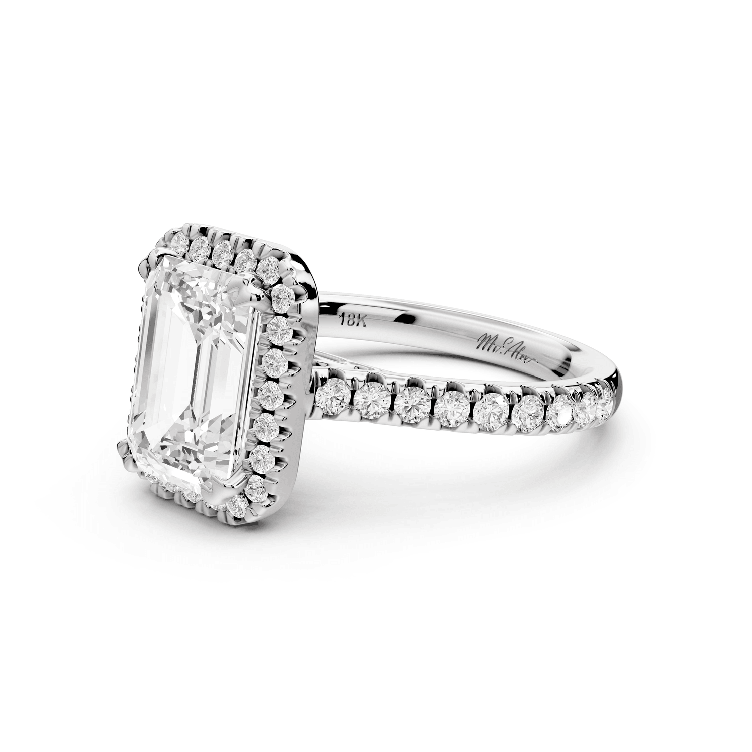 Marcella - 2ct platinum emerald halo double talon prong cathedral pavé engagament ring - Mr. Alex Jewelry