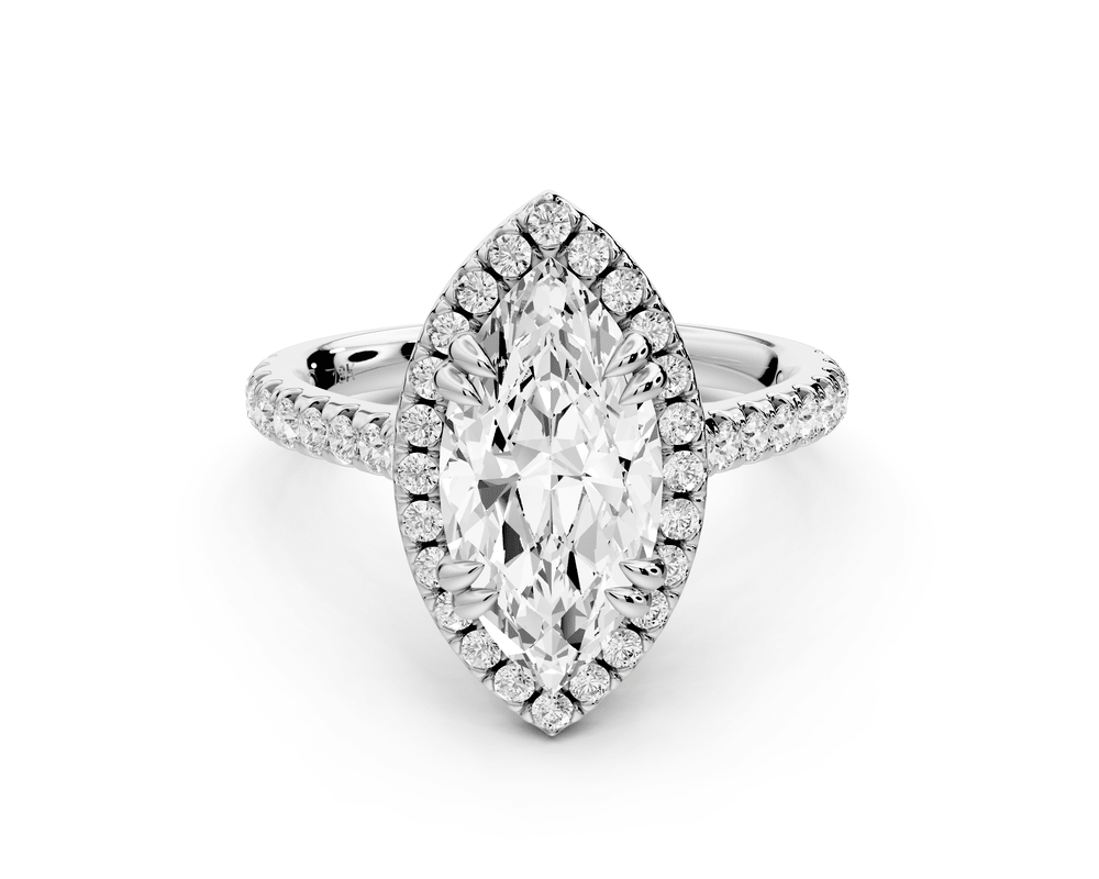 Marcella - 2ct platinum marquise halo double talon prong cathedral pavé engagement ring - Mr. Alex Jewelry