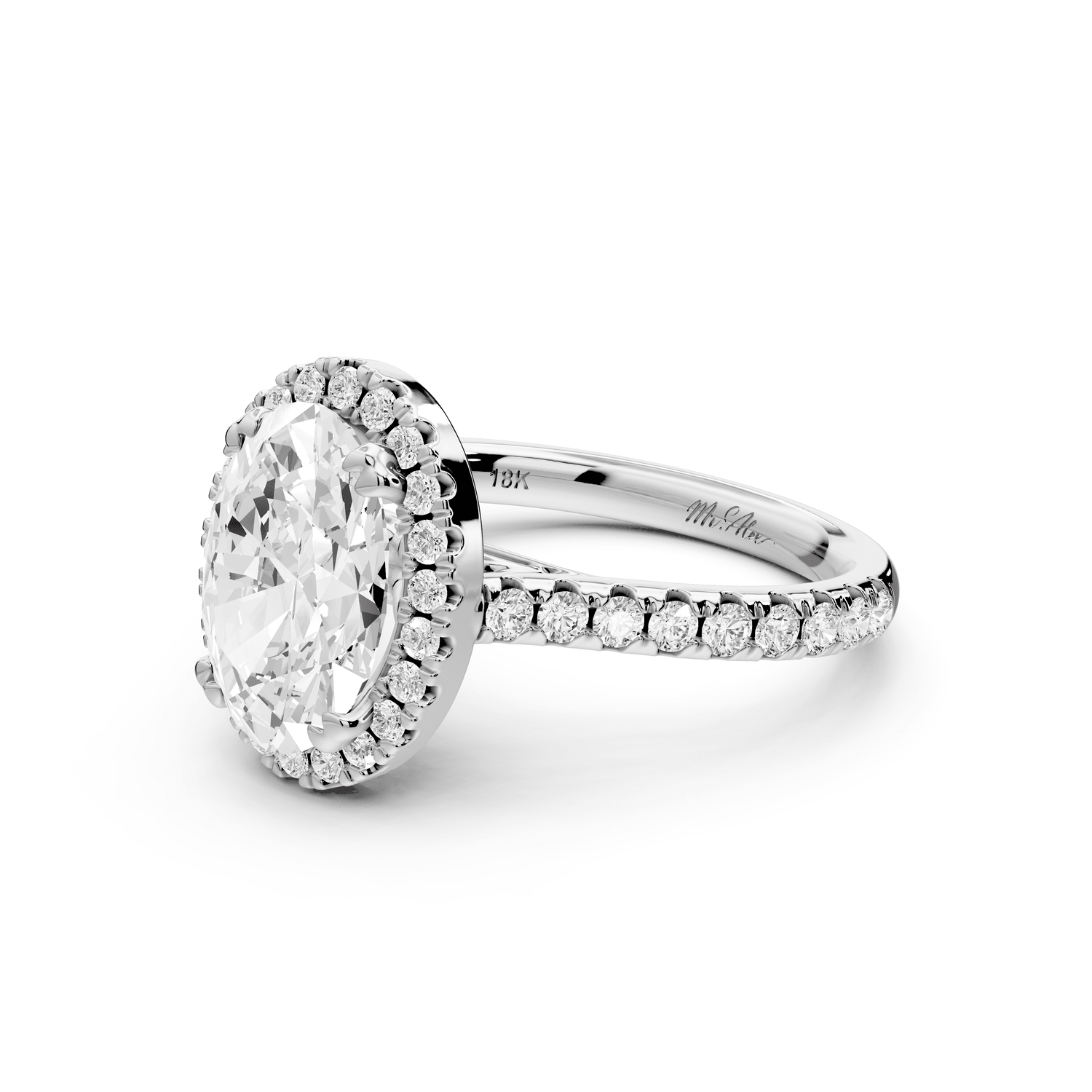 Marcella - 2ct platinum oval halo double talon prong cathedral pavé engagament ring - Mr. Alex Jewelry