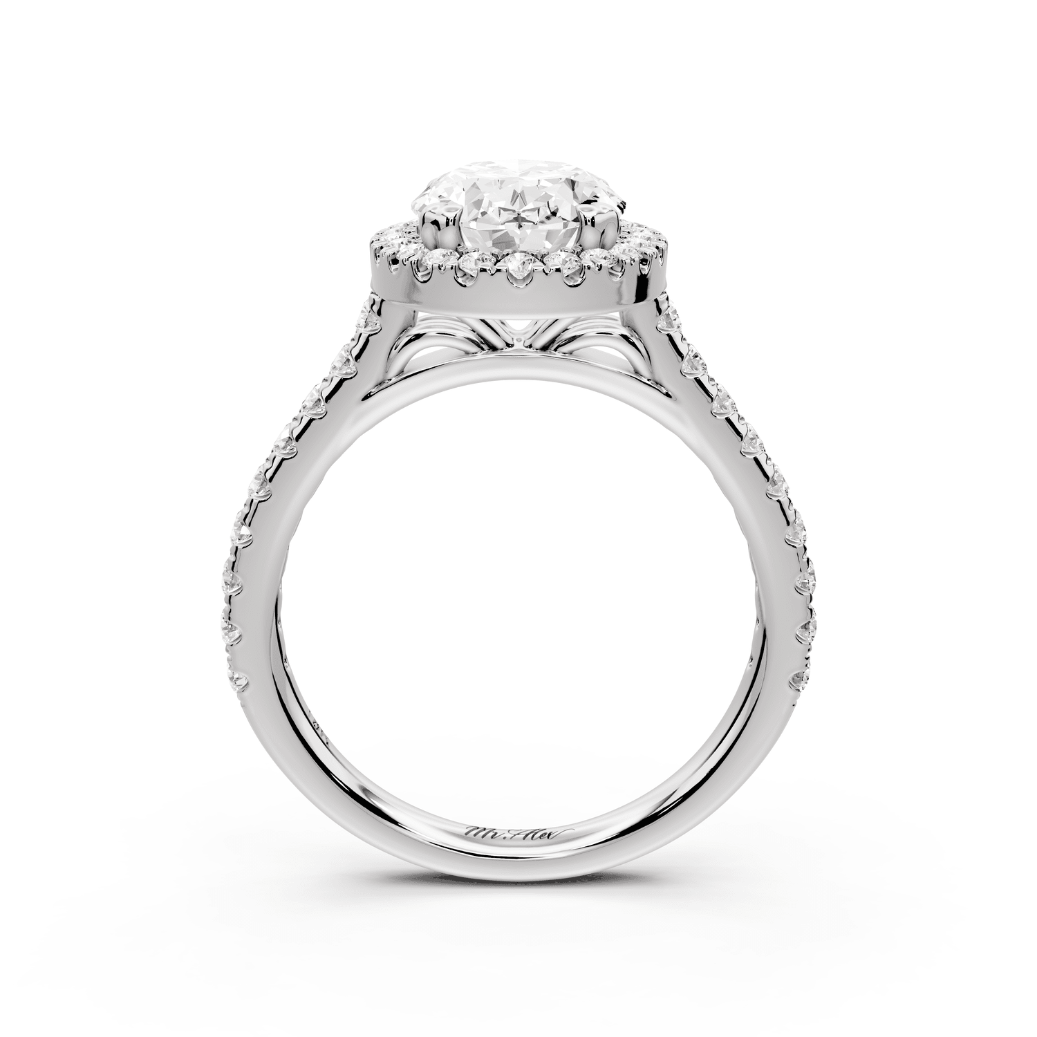 Marcella - 2ct platinum oval halo double talon prong cathedral pavé engagament ring - Mr. Alex Jewelry