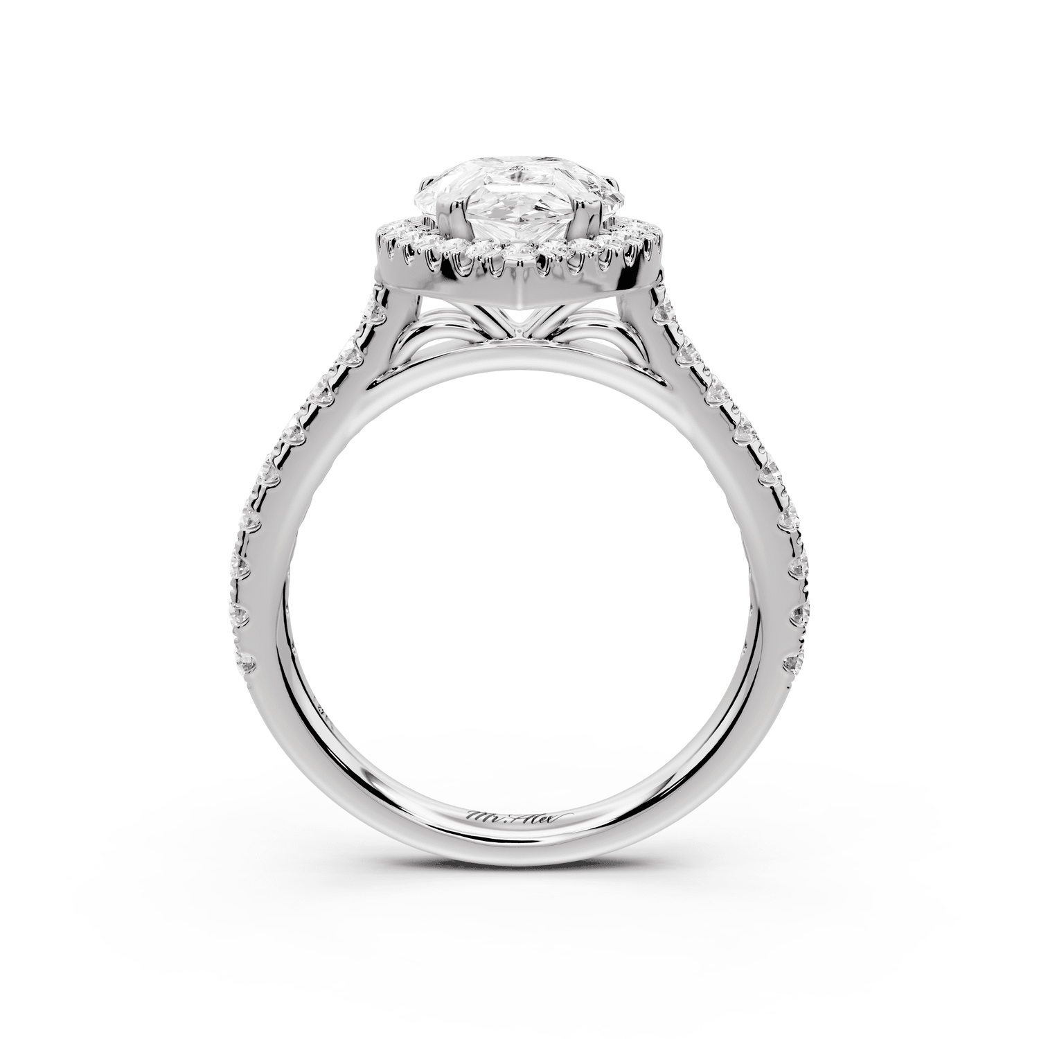Marcella - 2ct platinum pear halo double talon prong cathedral pavé engagament ring - Mr. Alex Jewelry