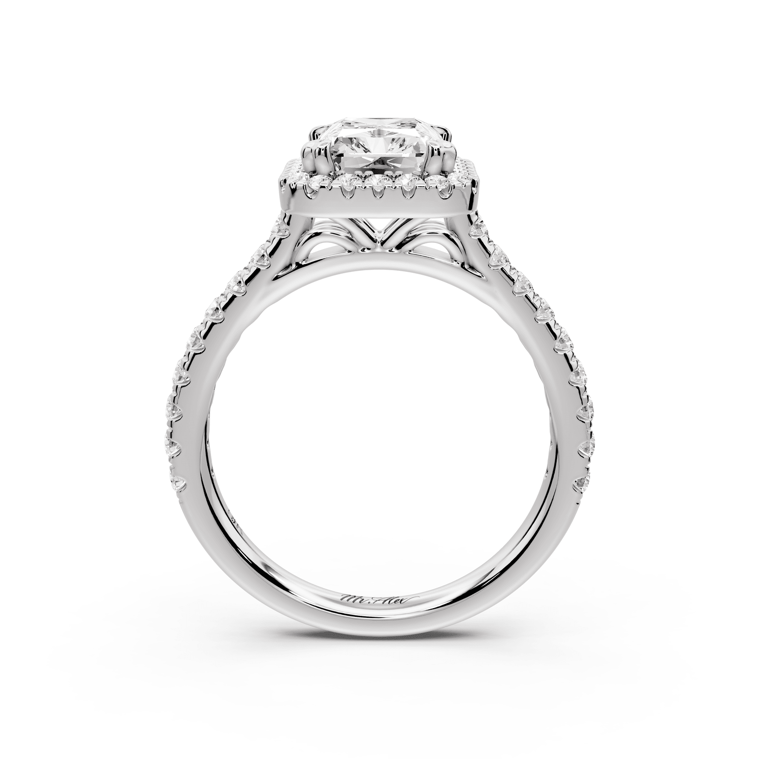 Marcella - 2ct platinum radiant halo double talon prong cathedral pavé engagement ring - Mr. Alex Jewelry