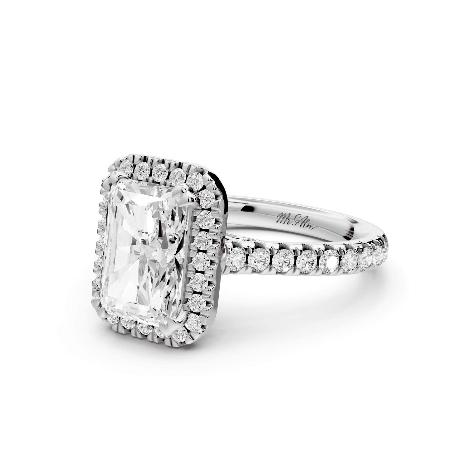 Marcella - 2ct platinum radiant halo double talon prong cathedral pavé engagement ring - Mr. Alex Jewelry