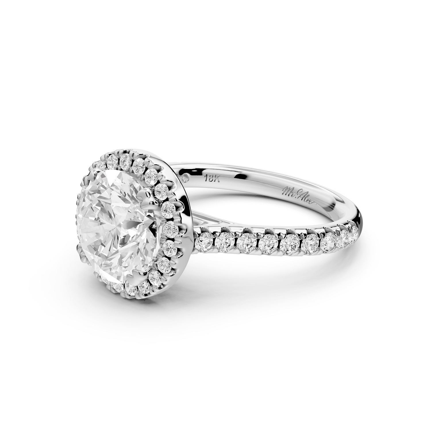 Marcella - 2ct platinum round halo double talon prong cathedral pavé engagement ring - Mr. Alex Jewelry