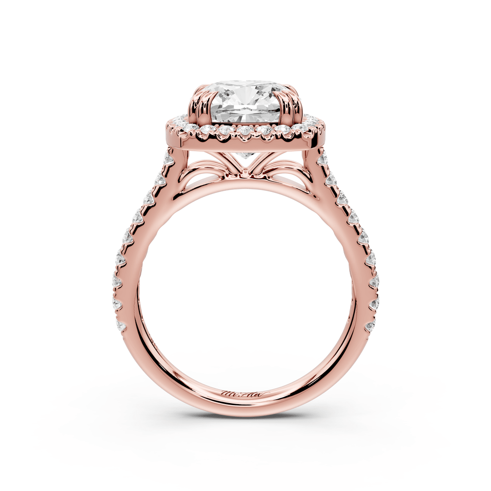 Marcella - 3ct 14k rose gold cushion halo double talon prong cathedral pavé engagement ring - Mr. Alex Jewelry