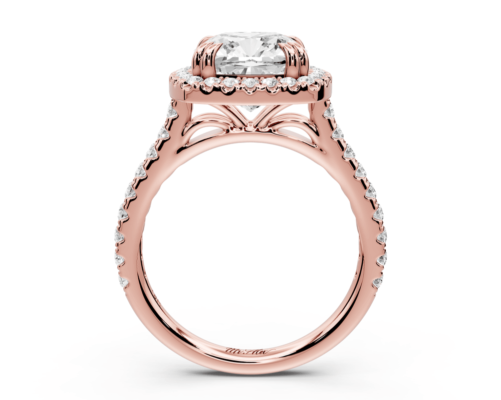 Marcella - 3ct 14k rose gold cushion halo double talon prong cathedral pavé engagement ring - Mr. Alex Jewelry