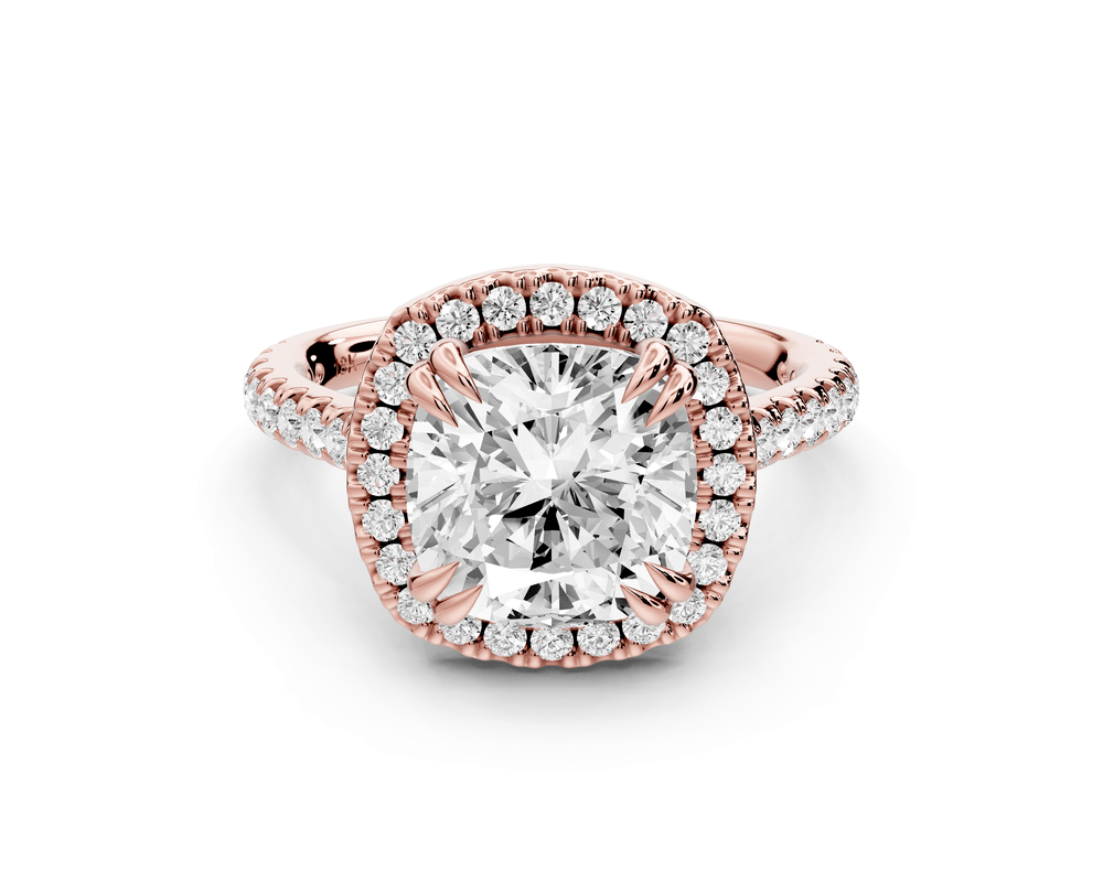 Marcella - 3ct 14k rose gold cushion halo double talon prong cathedral pavé engagement ring - Mr. Alex Jewelry