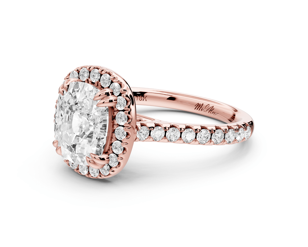 Marcella - 3ct 14k rose gold ecushion halo double talon prong cathedral pavé engagement ring - Mr. Alex Jewelry
