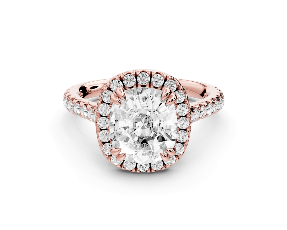 Marcella - 3ct 14k rose gold ecushion halo double talon prong cathedral pavé engagement ring - Mr. Alex Jewelry