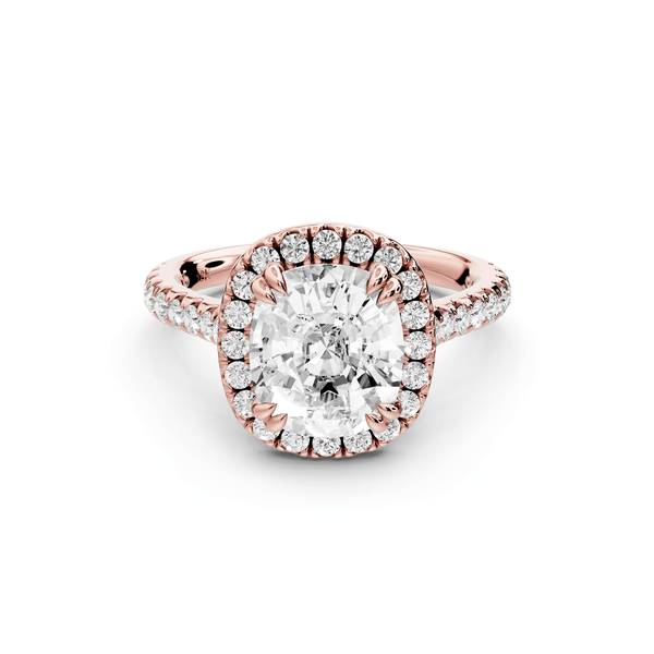 Marcella - 3ct 14k rose gold ecushion halo double talon prong cathedral pavé engagement ring - Mr. Alex Jewelry