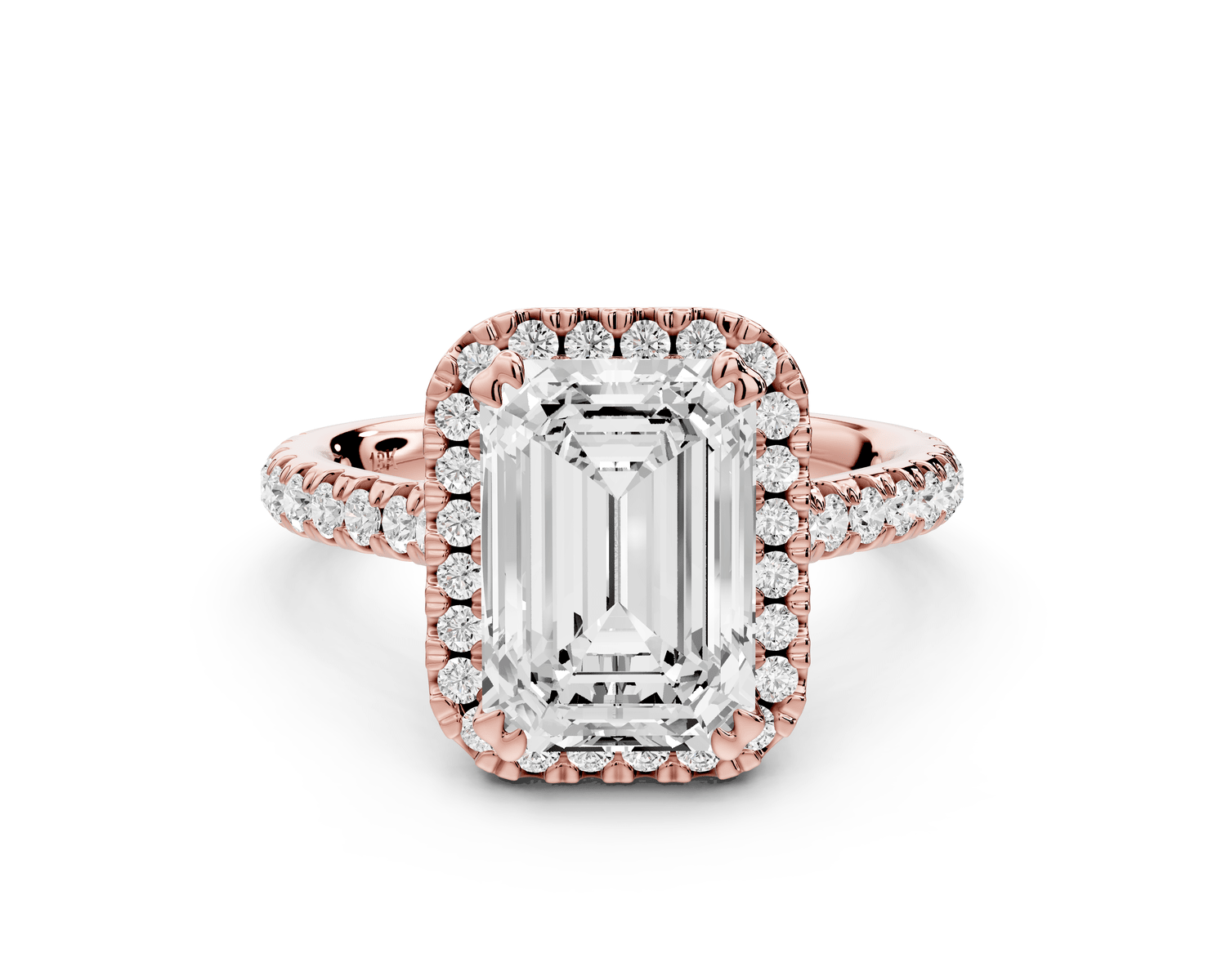 Marcella - 3ct 14k rose gold emerald halo double talon prong cathedral pavé engagament ring - Mr. Alex Jewelry