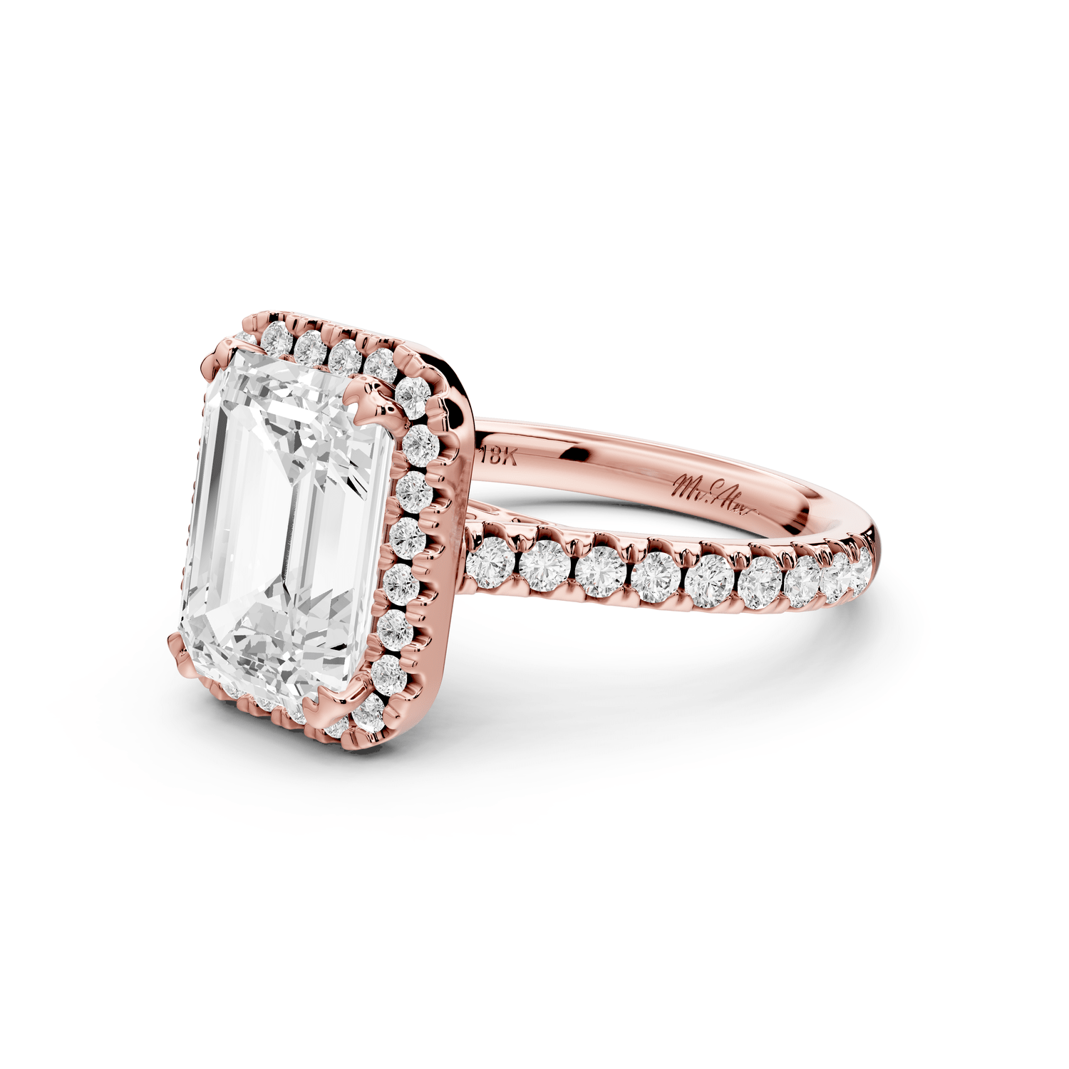 Marcella - 3ct 14k rose gold emerald halo double talon prong cathedral pavé engagament ring - Mr. Alex Jewelry