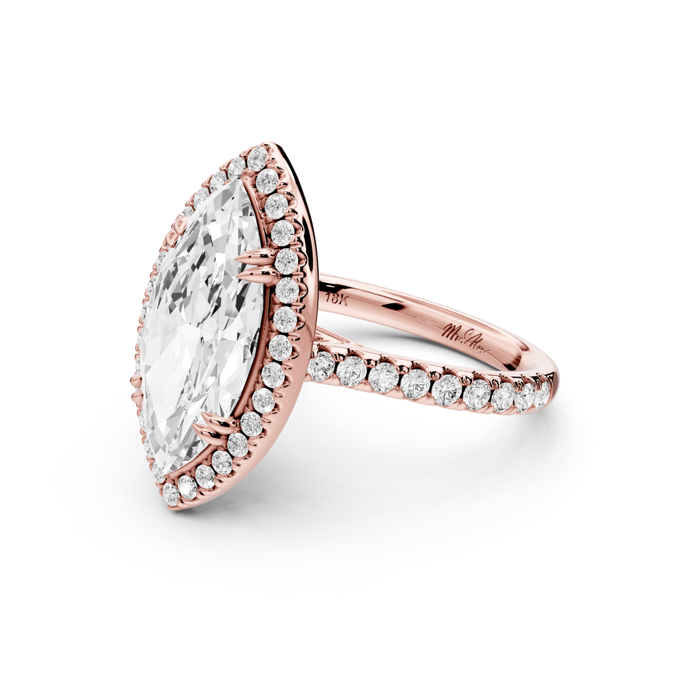 Marcella - 3ct 14k rose gold marquise halo double talon prong cathedral pavé engagement ring - Mr. Alex Jewelry