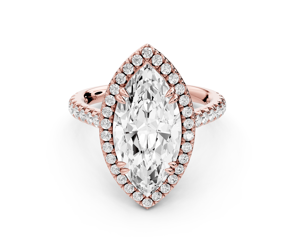 Marcella - 3ct 14k rose gold marquise halo double talon prong cathedral pavé engagement ring - Mr. Alex Jewelry
