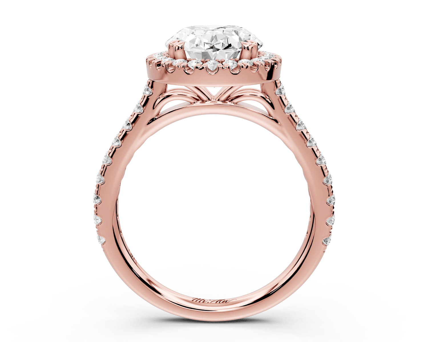 Marcella - 3ct 14k rose gold oval halo double talon prong cathedral pavé engagament ring - Mr. Alex Jewelry