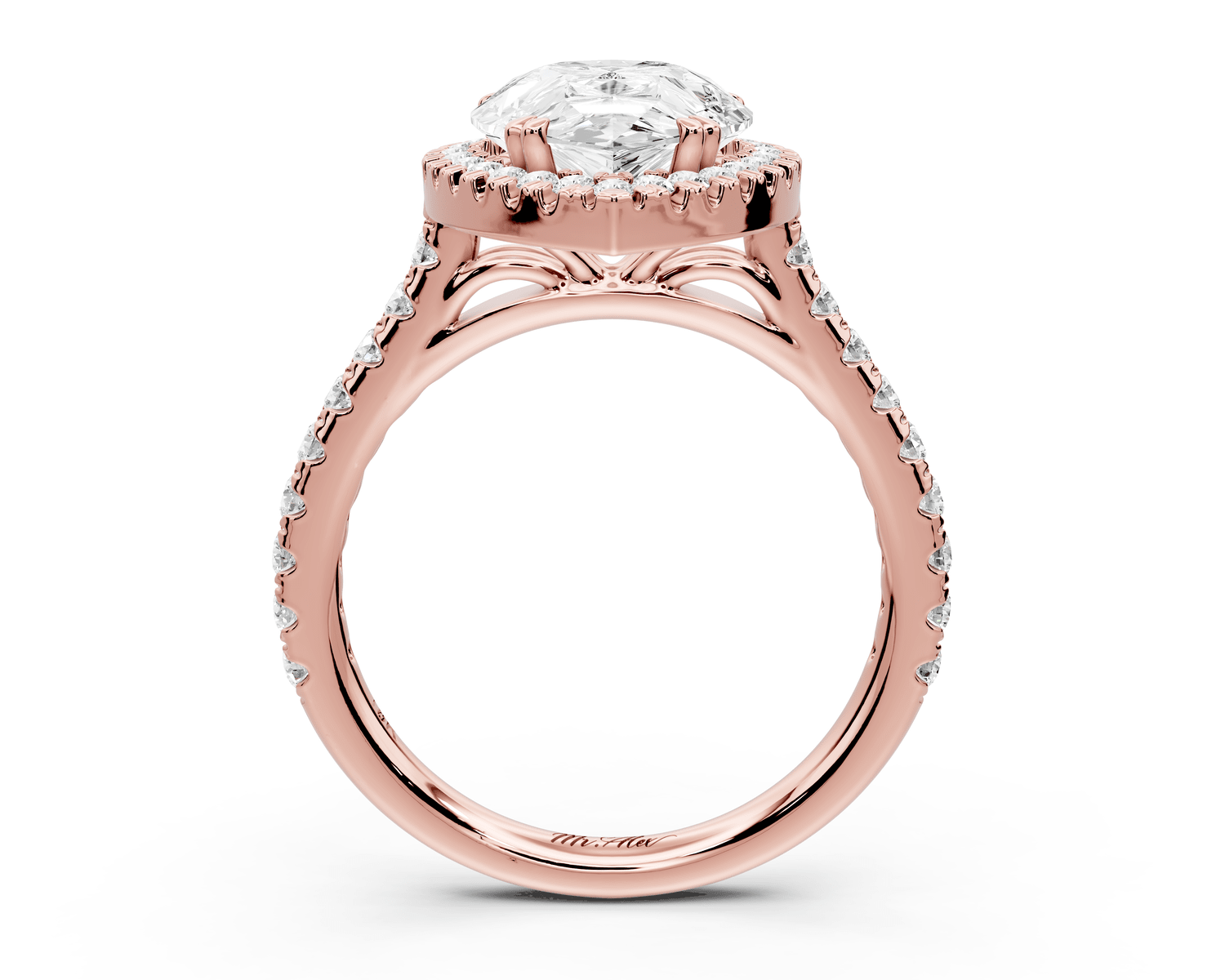 Marcella - 3ct 14k rose gold pear halo double talon prong cathedral pavé engagament ring - Mr. Alex Jewelry