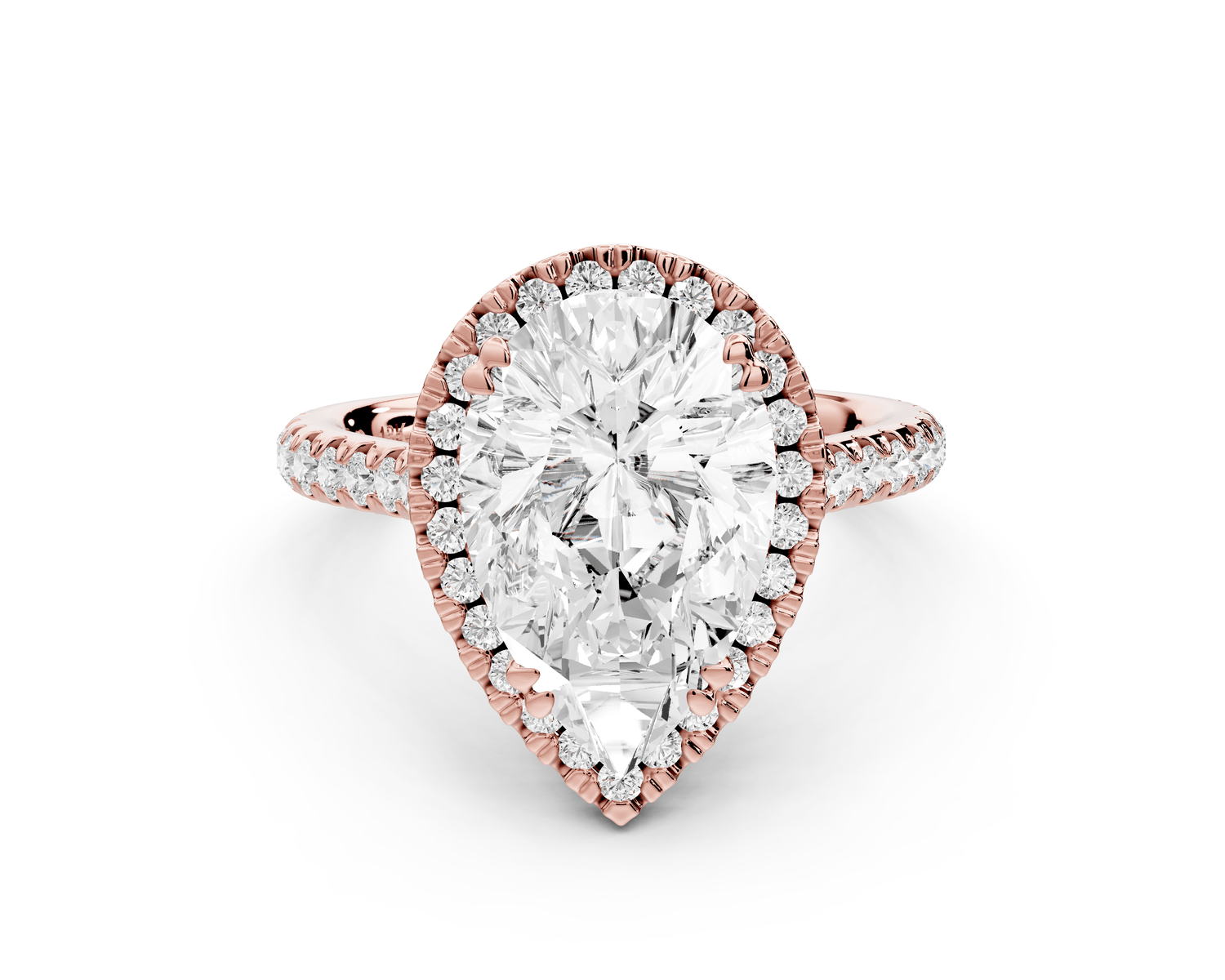 Marcella - 3ct 14k rose gold pear halo double talon prong cathedral pavé engagament ring - Mr. Alex Jewelry