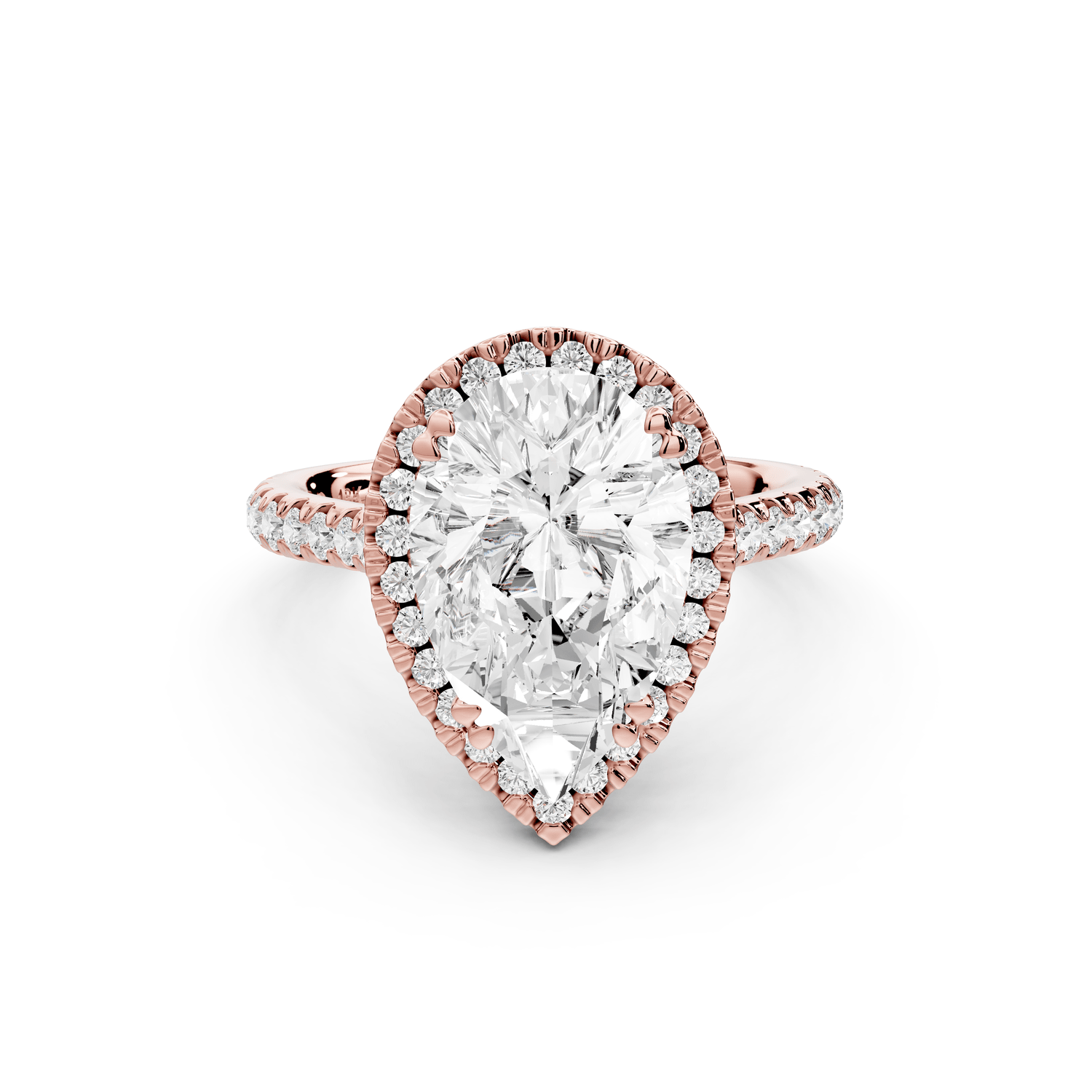 Marcella - 3ct 14k rose gold pear halo double talon prong cathedral pavé engagament ring - Mr. Alex Jewelry