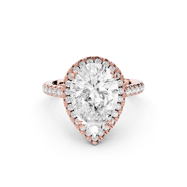 Marcella - 3ct 14k rose gold pear halo double talon prong cathedral pavé engagament ring - Mr. Alex Jewelry