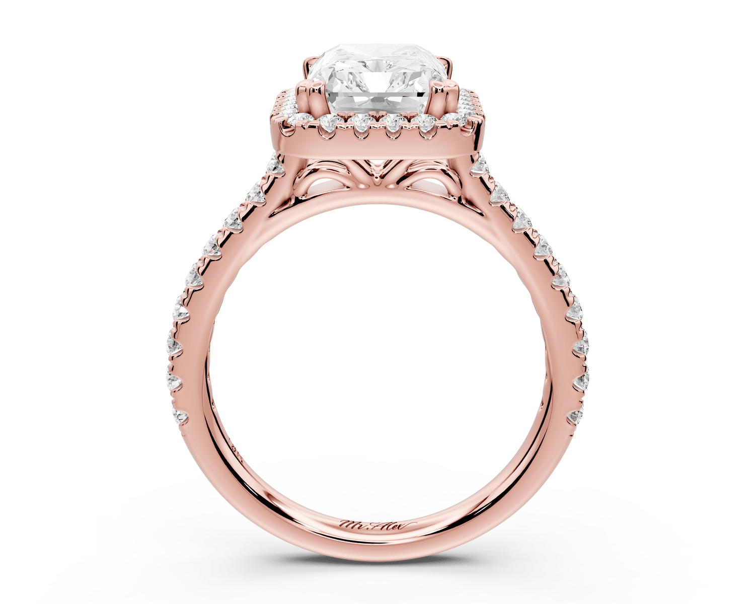 Marcella - 3ct 14k rose gold radiant halo double talon prong cathedral pavé engagement ring - Mr. Alex Jewelry