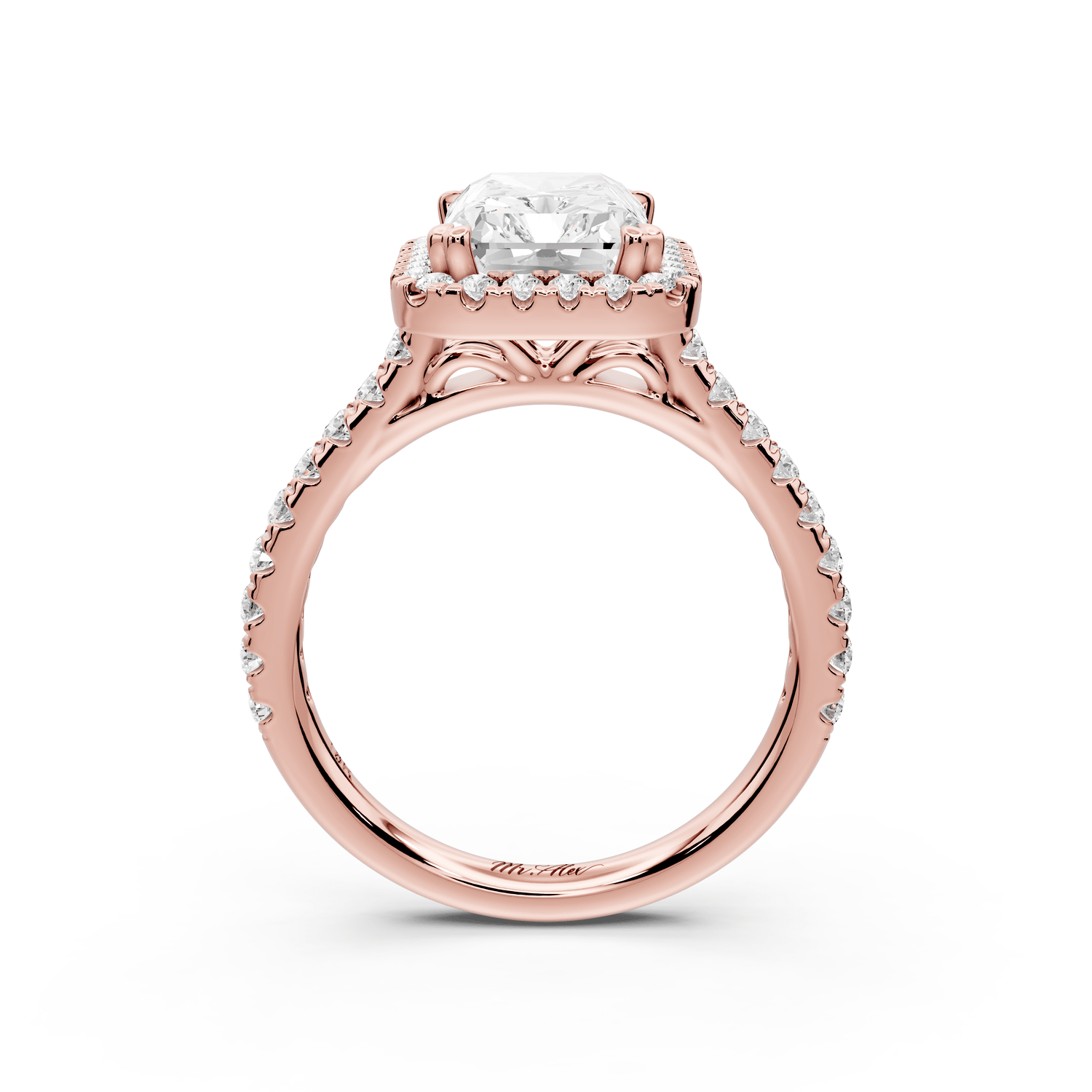 Marcella - 3ct 14k rose gold radiant halo double talon prong cathedral pavé engagement ring - Mr. Alex Jewelry