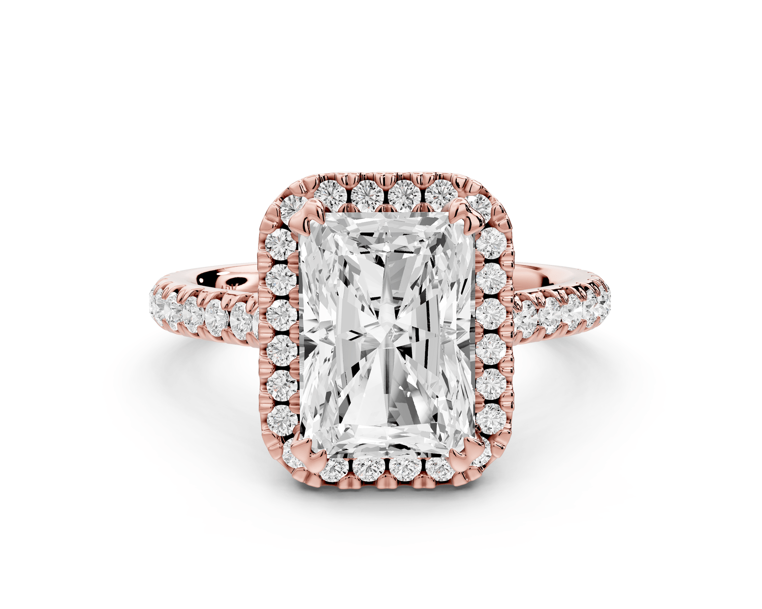 Marcella - 3ct 14k rose gold radiant halo double talon prong cathedral pavé engagement ring - Mr. Alex Jewelry