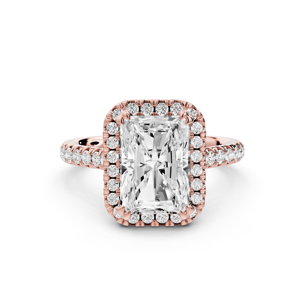 Marcella - 3ct 14k rose gold radiant halo double talon prong cathedral pavé engagement ring - Mr. Alex Jewelry