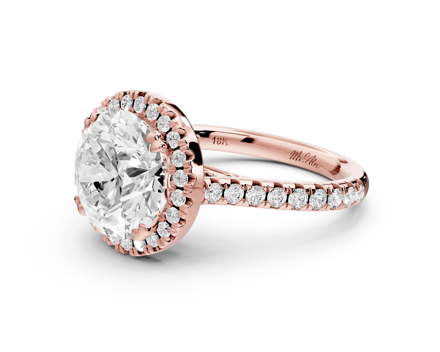 Marcella - 3ct 14k rose gold round halo double talon prong cathedral pavé engagement ring - Mr. Alex Jewelry