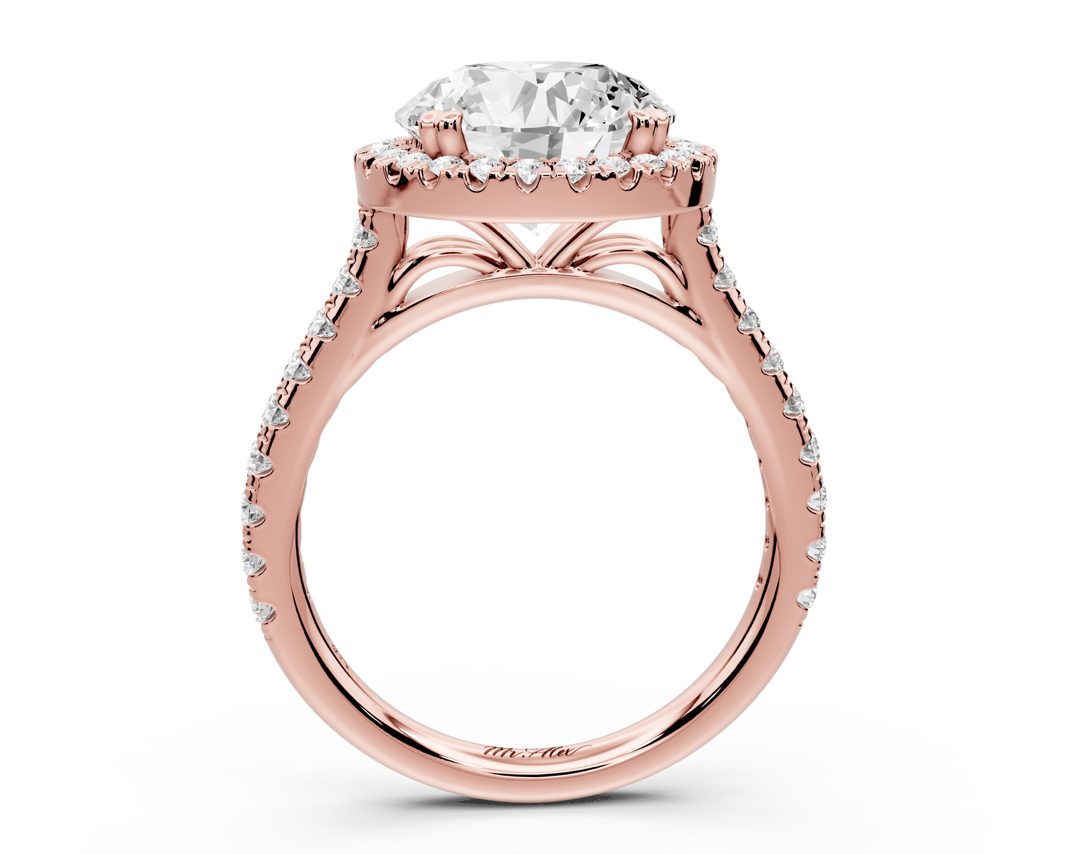 Marcella - 3ct 14k rose gold round halo double talon prong cathedral pavé engagement ring - Mr. Alex Jewelry