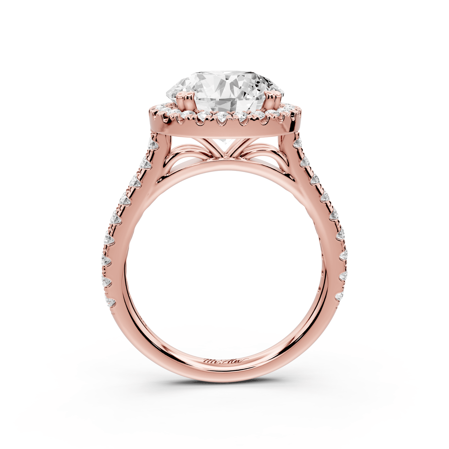 Marcella - 3ct 14k rose gold round halo double talon prong cathedral pavé engagement ring - Mr. Alex Jewelry