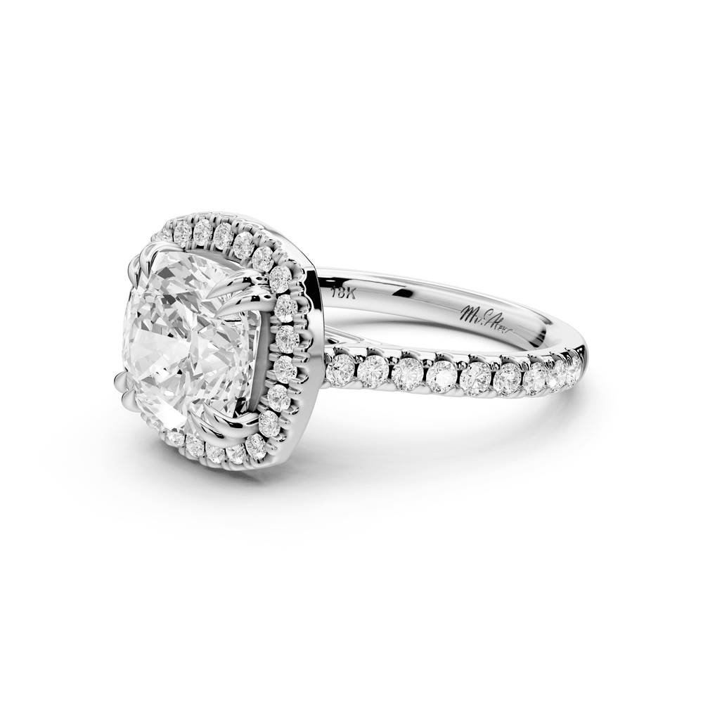 Marcella - 3ct 14k white gold cushion halo double talon prong cathedral pavé engagement ring - Mr. Alex Jewelry