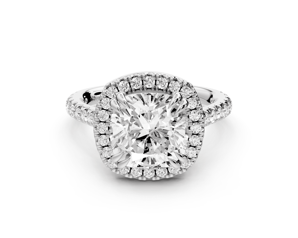 Marcella - 3ct 14k white gold cushion halo double talon prong cathedral pavé engagement ring - Mr. Alex Jewelry