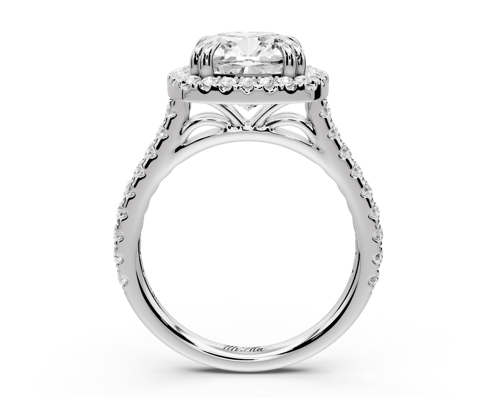 Marcella - 3ct 14k white gold cushion halo double talon prong cathedral pavé engagement ring - Mr. Alex Jewelry