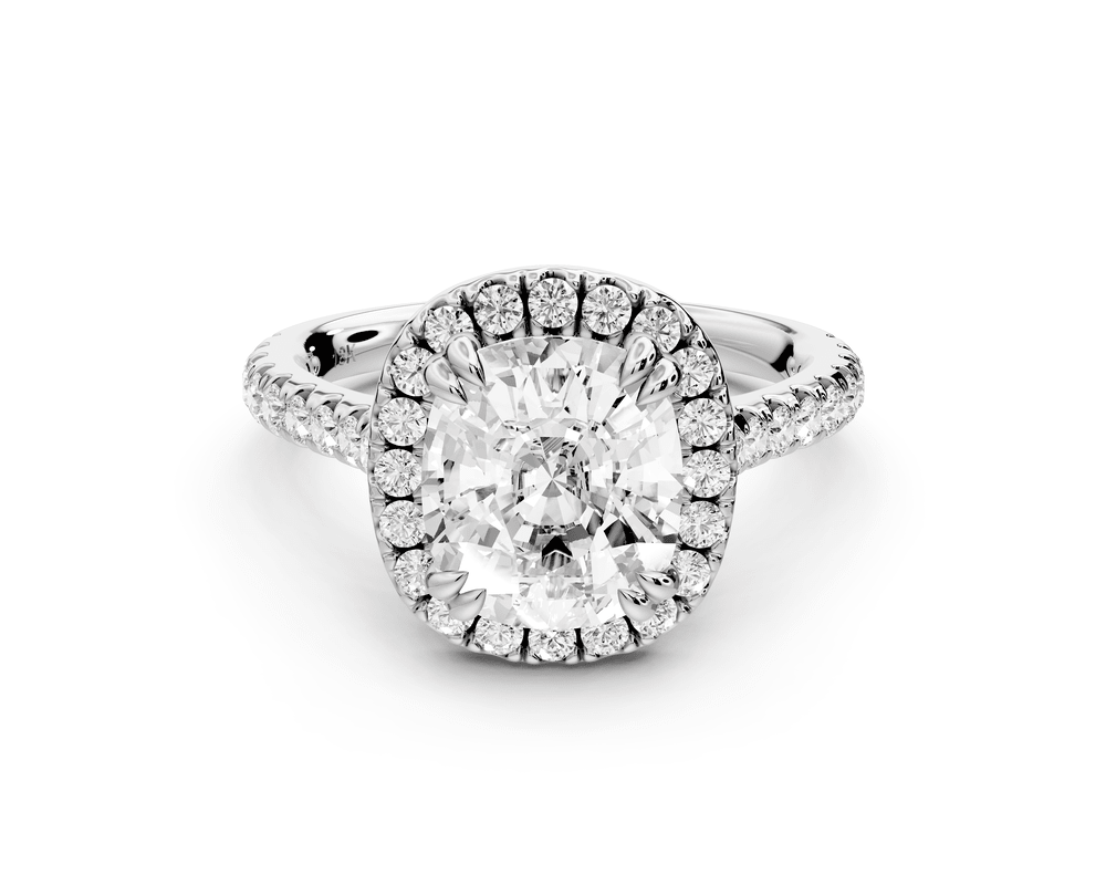 Marcella - 3ct 14k white gold ecushion halo double talon prong cathedral pavé engagement ring - Mr. Alex Jewelry