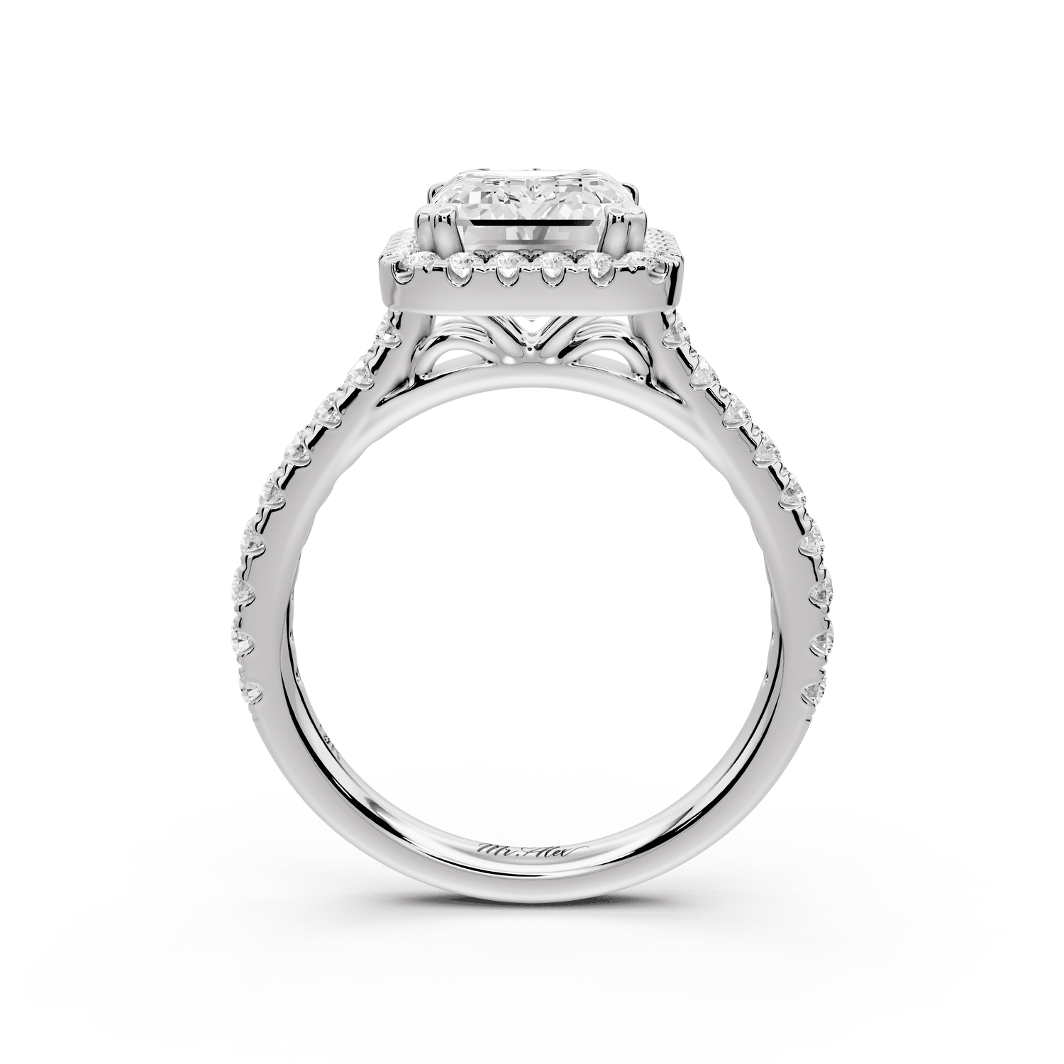 Marcella - 3ct 14k white gold emerald halo double talon prong cathedral pavé engagament ring - Mr. Alex Jewelry