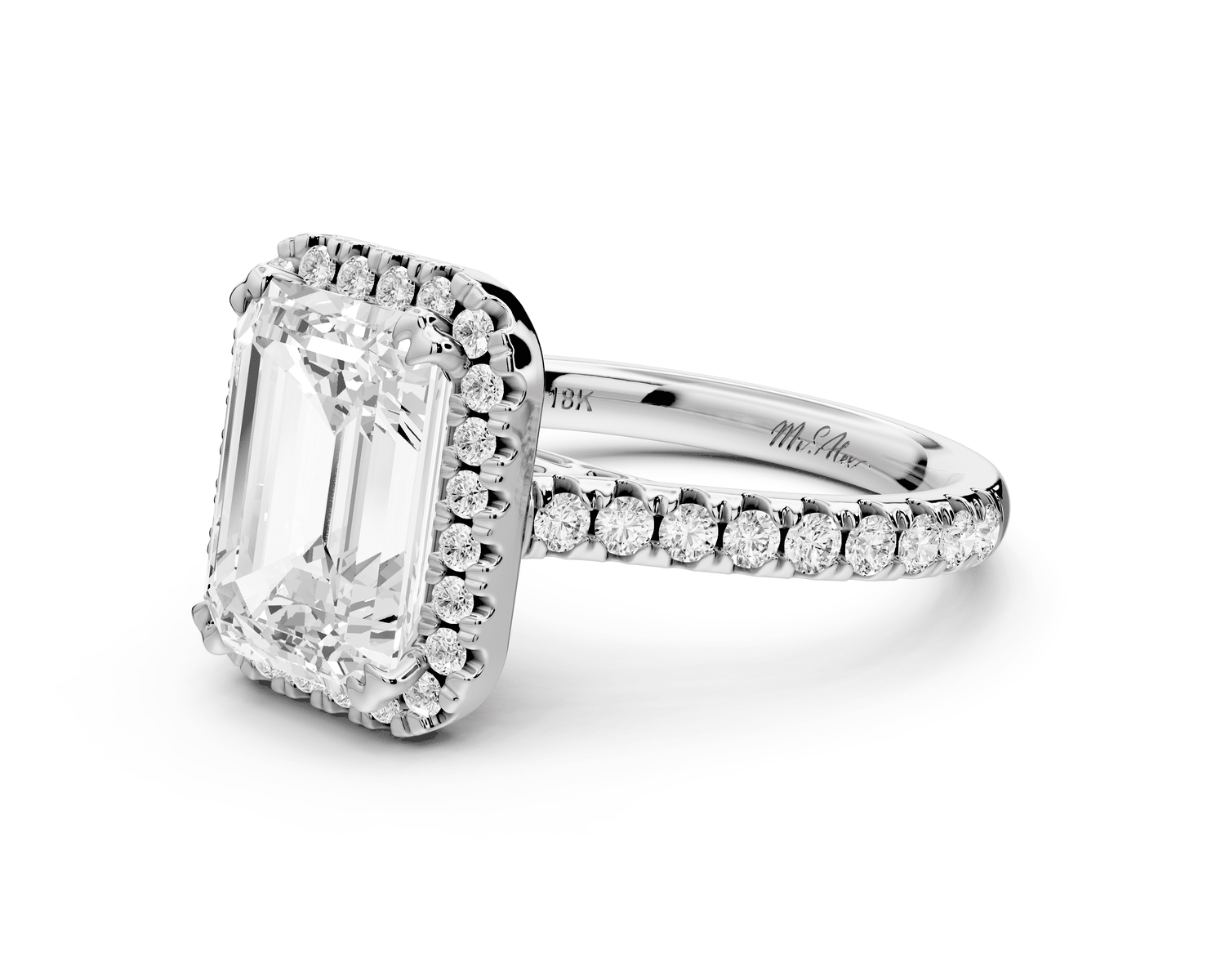 Marcella - 3ct 14k white gold emerald halo double talon prong cathedral pavé engagament ring - Mr. Alex Jewelry