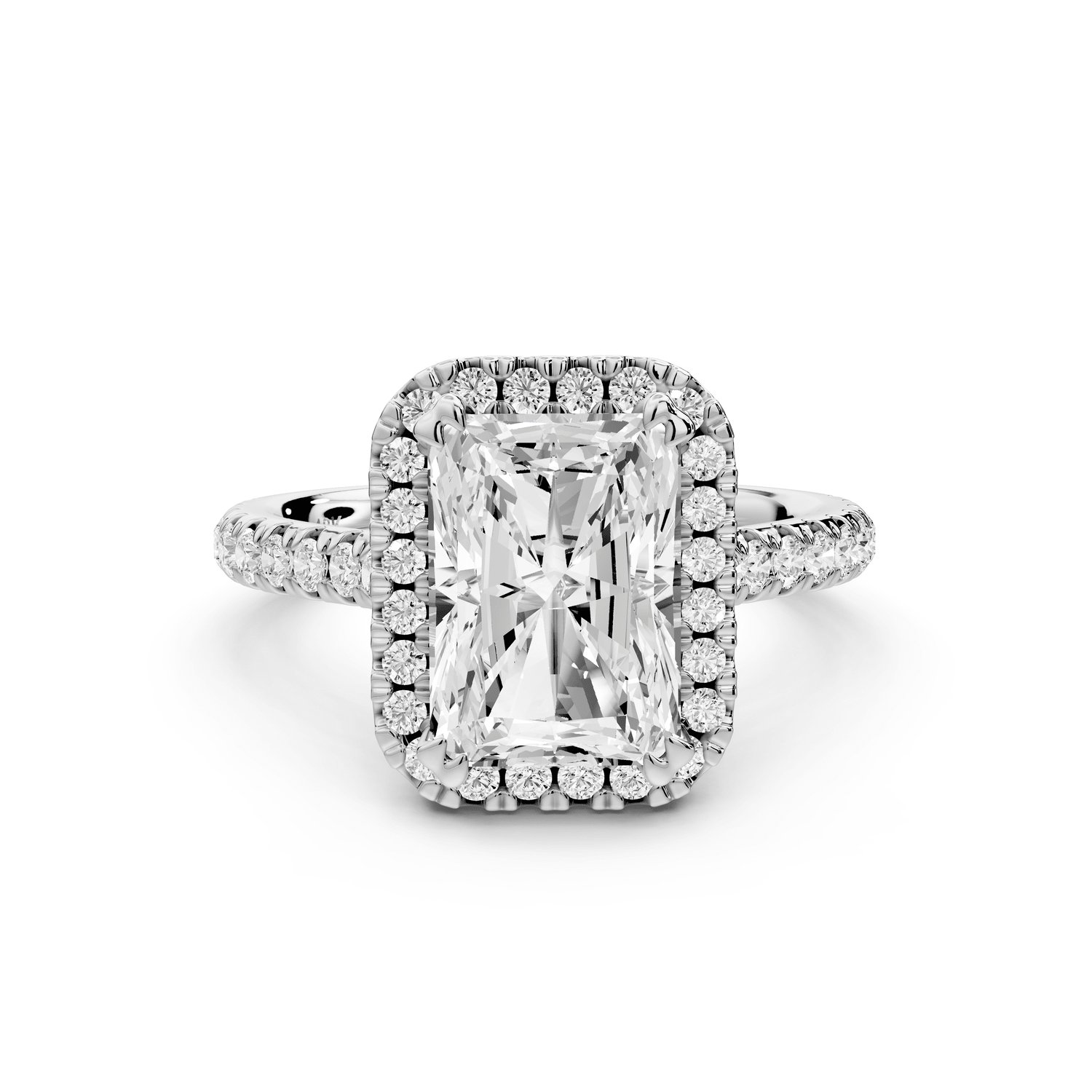 Marcella - 3ct 14k white gold radiant halo double talon prong cathedral pavé engagement ring - Mr. Alex Jewelry